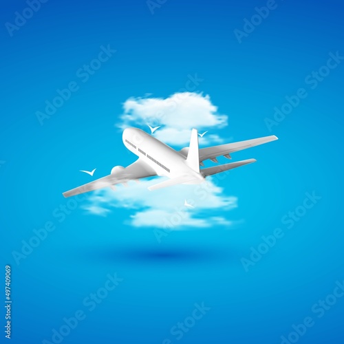 Vector 3d illustration of airplane in the clouds. Travel concept. Booking service or travel agency sign. Air transportation. Flight tickets. Advertising banner.