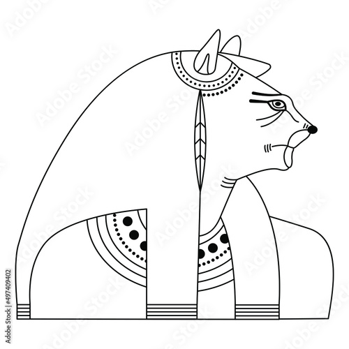 Bust of goddess Tefnut. Ancient Egyptian mythology. Woman with lioness head. Black and white linear silhouette. Isolated vector illustration.