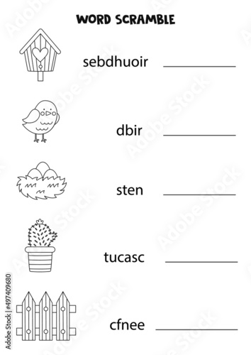 Puzzle for kids. Word scramble for children. Black and white puzzle.