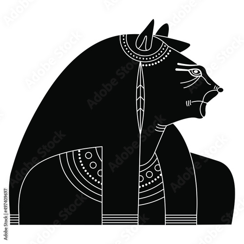 Bust of goddess Tefnut. Ancient Egyptian mythology. Woman with lioness head. Black and white negative silhouette. Isolated vector illustration.