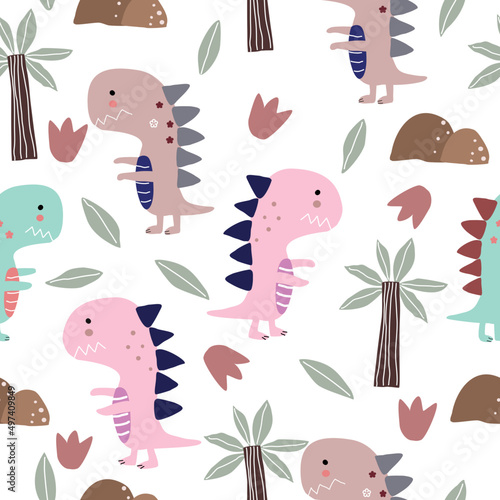 Seamless vector pattern with dinosaurs  coconut trees  tulips  leaves and rocks. Suitable for baby fabrics  textiles  cute design nursery wallpaper. dinosaur vector illustration 