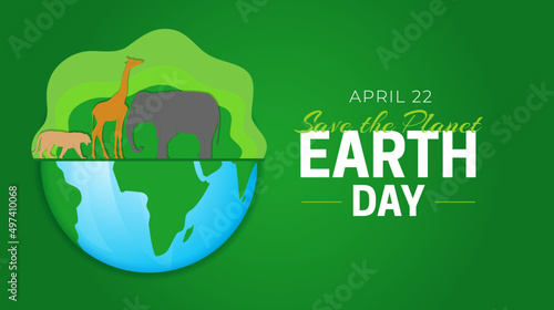 Earth Day Save the Planet Illustration with Globe and Animals. Lion, Giraffe, Elephant Design on Green Background