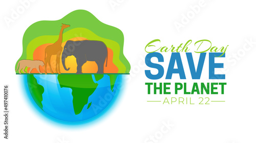 Earth Day Save the Planet Isolated Vector Illustration with Globe and African Animals. Lion, Giraffe, Elephant Design