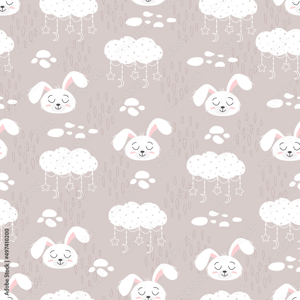 Seamless Pattern of Cute bunny, baby and children concept. Happy easter rabbits different poses cartoon characters. Bunny with floral leafs. Design for baby, kids poster, card, invitaton. Vector