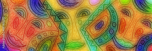 Funny masks, abstract people, clowns. Bright vector banner.