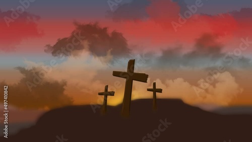Three crosses with moving sky in the background. Easter Christian resurrection of Jesus Christ, the son of God.