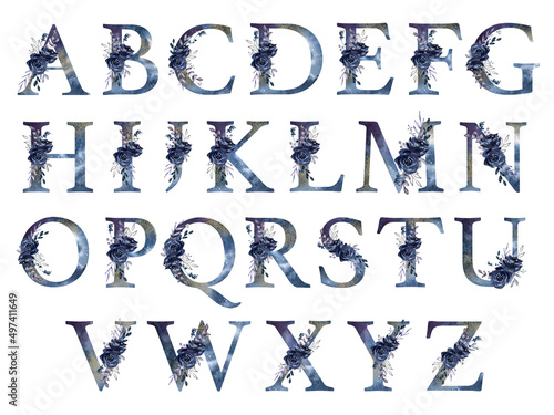 Watercolor dark blue floral alphabet set