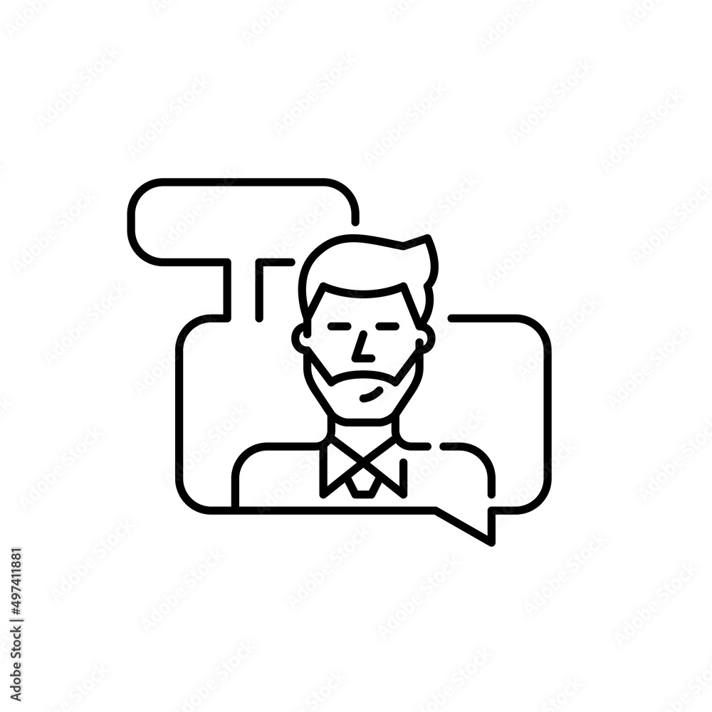 Young man in a shirt and tie having a conversation. Pixel perfect, editable stroke line art icon