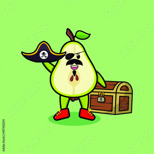 Fototapeta Naklejka Na Ścianę i Meble -  Cute cartoon character Pear fruit pirate with treasure box in modern style design