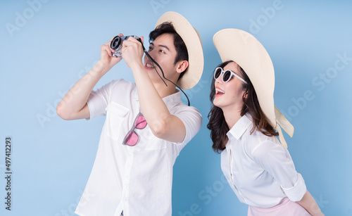 Image of young Asian couple travel, summer vacation