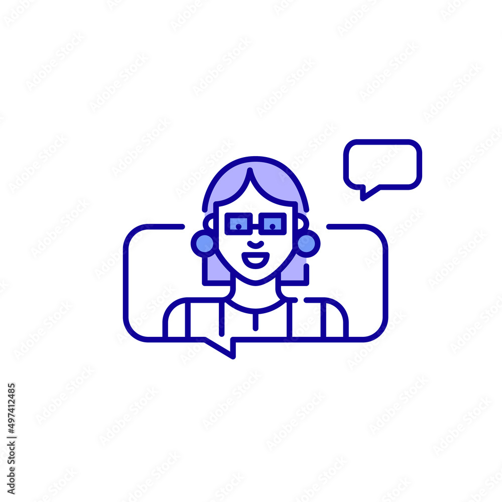 Stylish and professional young girl chatting. Pixel perfect, editable stroke blue minimal line icon Stylish and professional young girl chatting. Pixel perfect, editable stroke blue minimal line icon