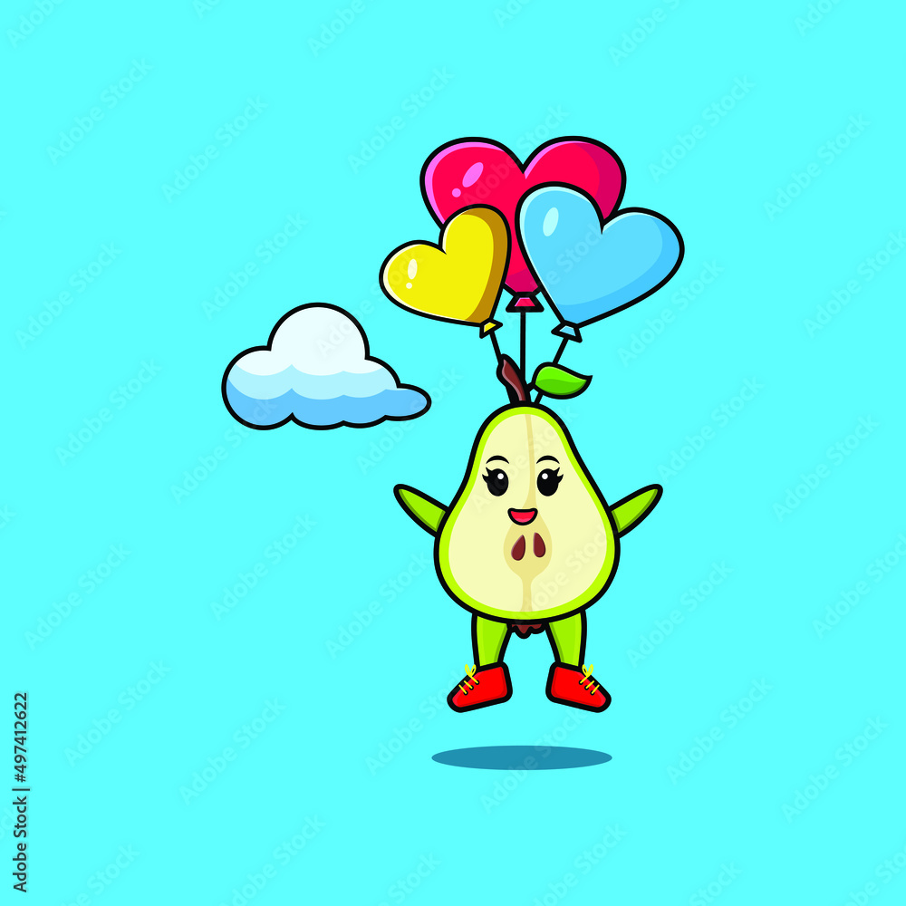 Cute cartoon Pear fruit mascot is skydiving with balloon and happy gesture cute modern style design Cute cartoon Pear fruit mascot is skydiving with balloon and happy gesture cute modern style design