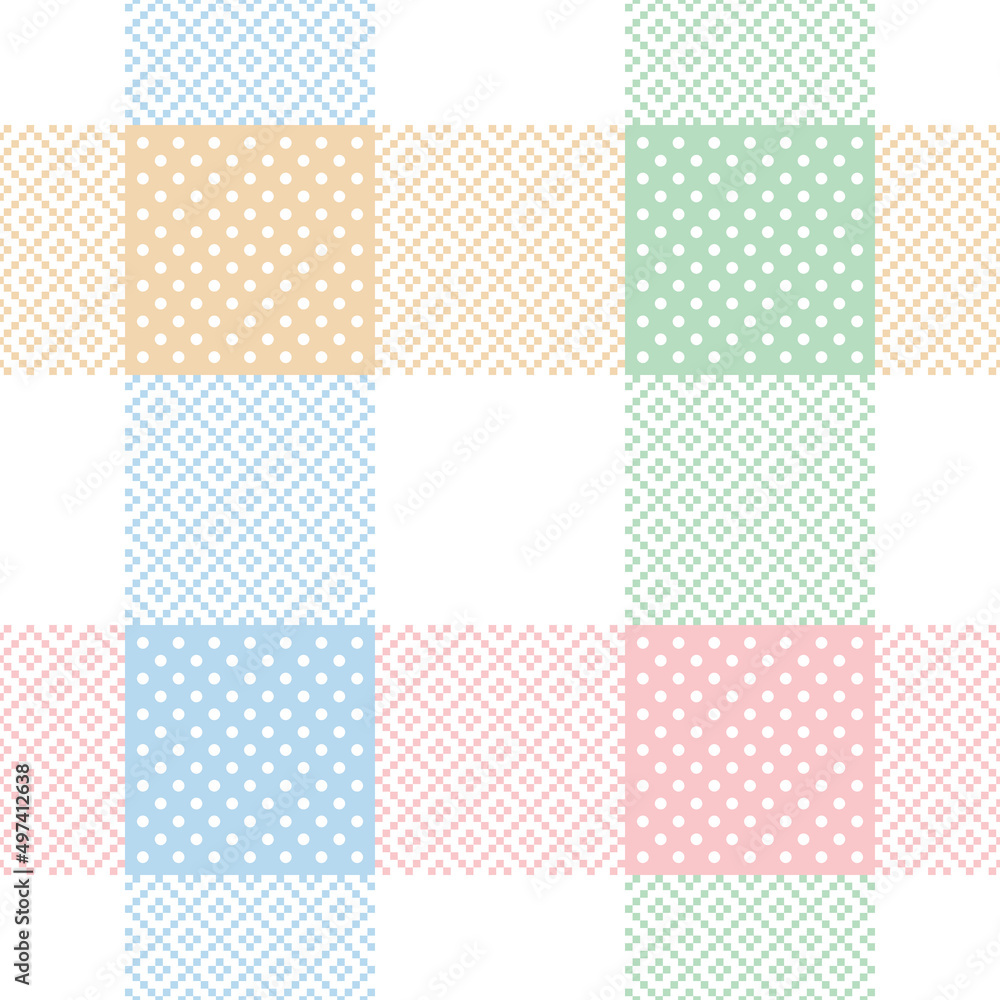 Abstract geometric vector pattern for Easter in pastel colorful blue, pink, green, yellow, white. Seamless buffalo check tartan plaid with polka dots for spring summer tablecloth, picnic blanket.