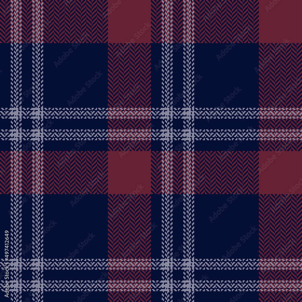 Abstract check plaid pattern in navy blue, purple, red. Herringbone textured seamless Scottish tartan for scarf, flannel shirt, blanket, jacket, other modern autumn winter fashion textile print.