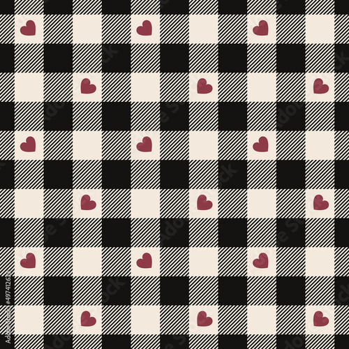 Heart gingham check plaid pattern for Valentine's Day print. Seamless black, red, off white vichy tartan for dress, skirt, jacket, blanket, scarf, other spring autumn winter holiday textile design.