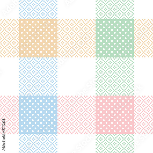 Abstract geometric vector pattern for Easter in pastel colorful blue, pink, green, yellow, white. Seamless buffalo check tartan plaid with polka dots for spring summer tablecloth, picnic blanket.