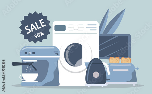 vector illustration in a flat style on the theme of the sale of household appliances. A lot of home appliances and an inscription about discounts