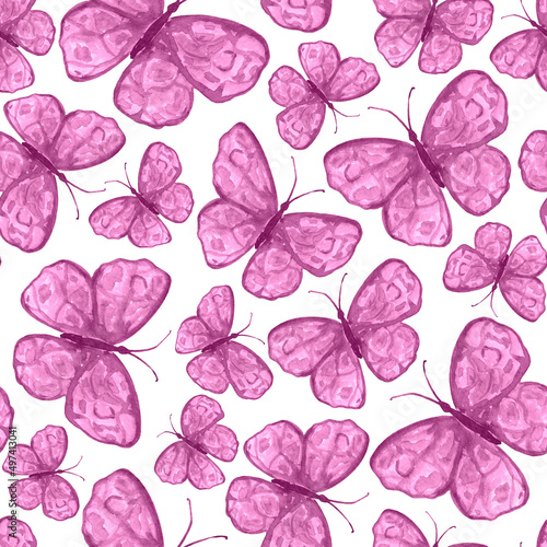 Watercolor seamless pattern with pink Butterflies on a White Background. Butterfly wallpaper. Cute design for print  textile  wrapping paper