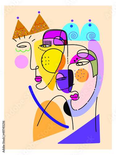 Abstract line drawing colorful faces portrait vector illustration.