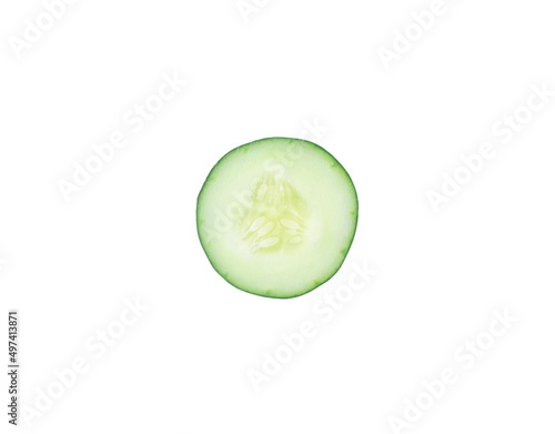 Top view of single fresh cucumber slice isolated on white background with clipping path