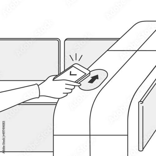 Pass through ticket gate with mobile phone. Popular cashless and contactless payment method.