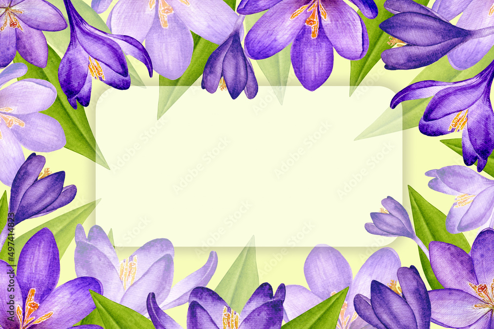 Floral watercolor background with violet crocuses. Botanical spring postcard and invitation design temlate copyspace. Saffron wallpaper