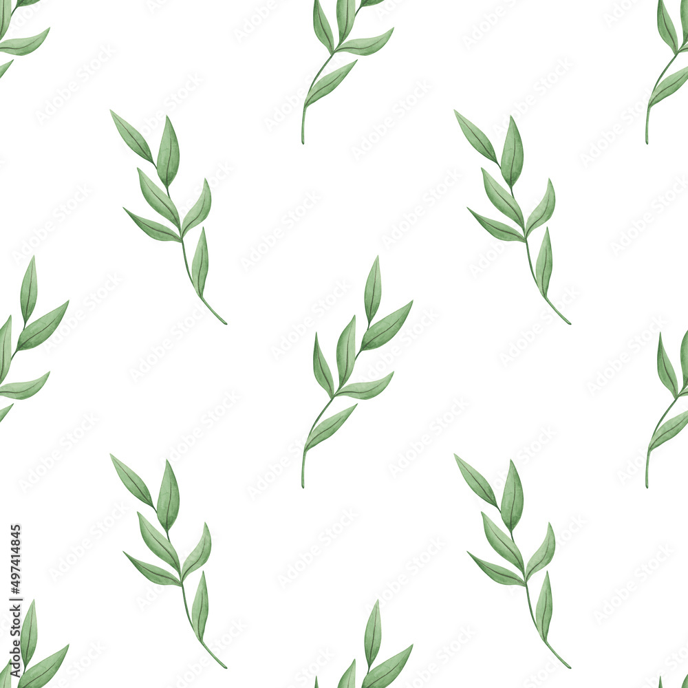 Seamless pattern with greenery on white background.  Watercolor simple botany elements. Texture for fabric, wrapping paper, nursery wallpaper, wedding. Soft floral background.