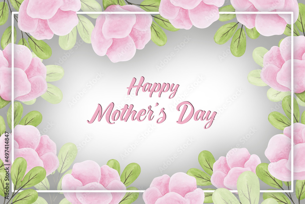 Happy mother's day greeting card design with pink flowers and lettering on grey background