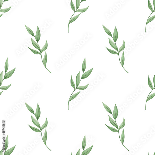 Seamless pattern with greenery on white background.  Watercolor simple botany elements. Texture for fabric  wrapping paper  nursery wallpaper  wedding. Soft floral background.