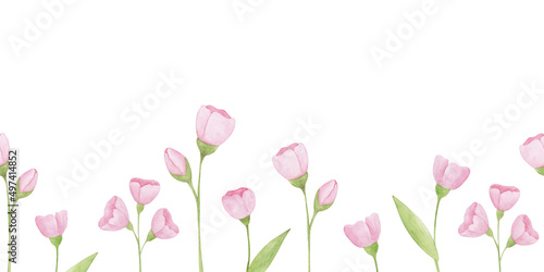 Seamless border with pink flowers and greenery on white background. Watercolor girl border, simple botany elements. Texture for girl wallpaper. Soft floral background.