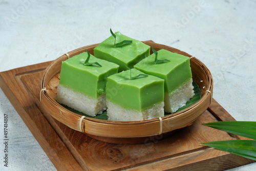 Talam ketan pandan (Kuih talam) or Kuih Seri Muka, traditional Malaysian Nyonya sweet cake. Also know as Pandan coconut layered cake.