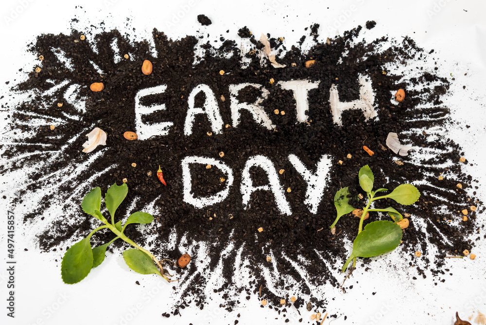 Obraz premium Earth Day concept, natural design with earth, trees, water and shade. Let's save the earth concept. Happy Earth Day