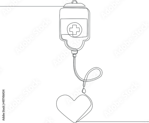 Continuous one line drawing Blood Donation line with the line connecting dropper and heart. Single line draw design vector graphic illustration.