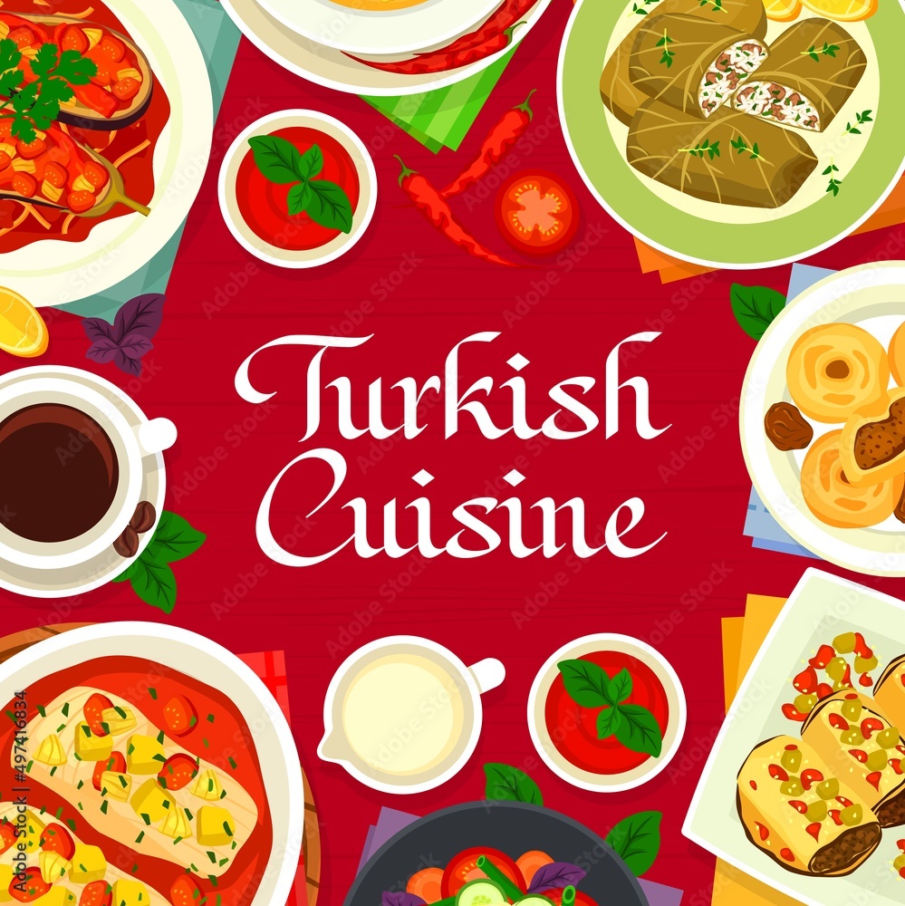 Turkish cuisine menu cover vector vegetable salad, baked fish in tomato sauce and red lentil bulgur soup. Data fruit dessert, stuffed eggplant, cabbage rolls, eggplant rolls with meat or Turkey coffee Turkish cuisine menu cover vector vegetable salad, baked fish in tomato sauce and red lentil bulgur soup. Data fruit dessert, stuffed eggplant, cabbage rolls, eggplant rolls with meat or Turkey coffee