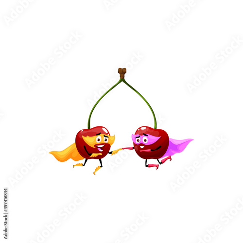 Cartoon cherry twins superhero personages. Vector merry super hero characters flying with joined hands. Isolated fruits in cape, boots, gloves and mask. Funny fairytale healthy food, cherries on stem