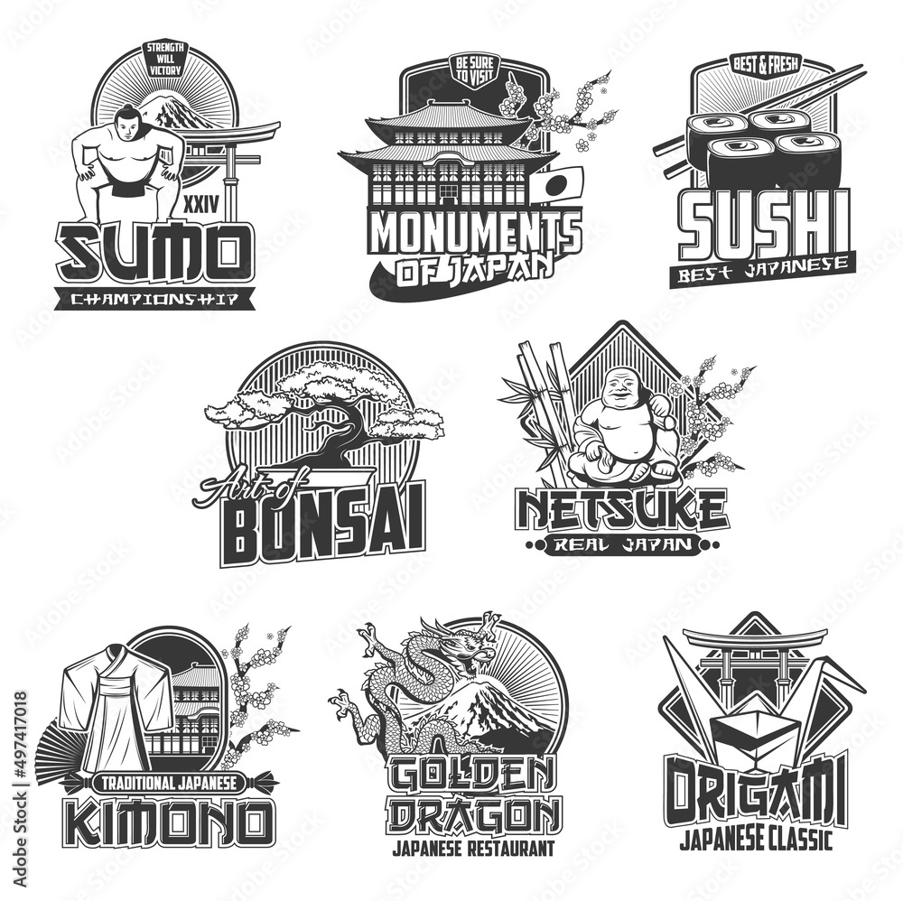 Japan travel vector icons, japanese culture, tourism, traditions and landmarks. Sumo championship, monuments, restaurant and kimono with bonsai and origami classic arts isolated monochrome emblems set