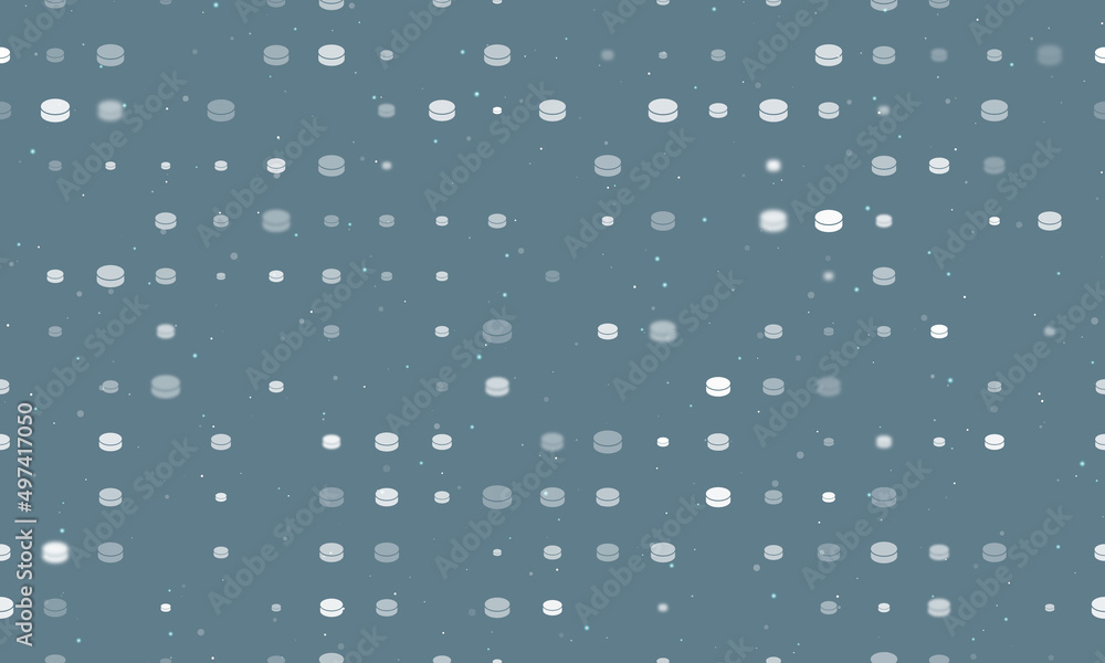 Seamless background pattern of evenly spaced white hockey pucks of different sizes and opacity. Vector illustration on blue gray background with stars Seamless background pattern of evenly spaced white hockey pucks of different sizes and opacity. Vector illustration on blue gray background with stars