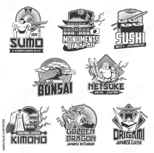 Japan travel vector icons, japanese culture, tourism, traditions and landmarks. Sumo championship, monuments, restaurant and kimono with bonsai and origami classic arts isolated monochrome emblems set