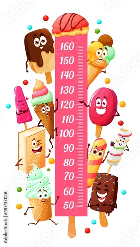 Kids height chart with ice cream desserts and cartoon characters, vector growth meter. Child measure ruler or height chart with frozen icecream desserts, chocolate and fruit gelato in wafer cones