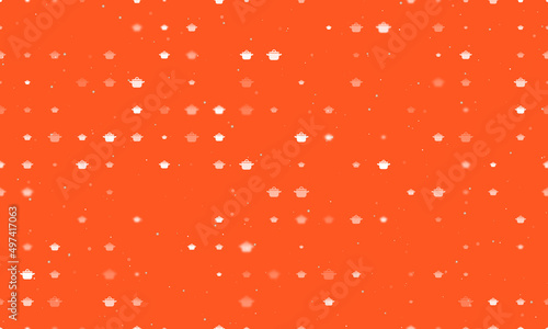 Seamless background pattern of evenly spaced white pot symbols of different sizes and opacity. Vector illustration on deep orange background with stars