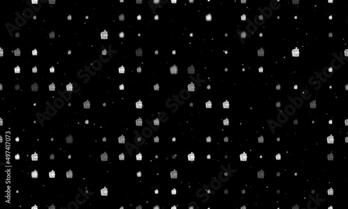 Seamless background pattern of evenly spaced white juicer symbols of different sizes and opacity. Vector illustration on black background with stars
