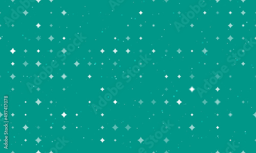 Seamless background pattern of evenly spaced white star symbols of different sizes and opacity. Vector illustration on teal background with stars