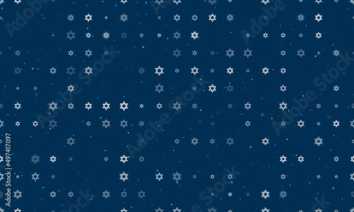 Seamless background pattern of evenly spaced white star of David symbols of different sizes and opacity. Vector illustration on dark blue background with stars