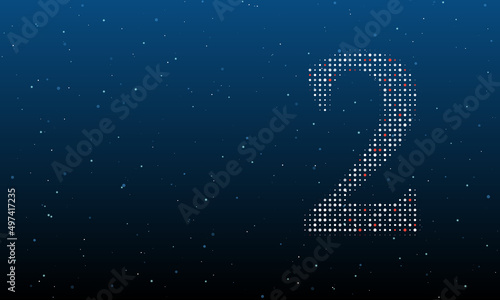 On the right is the number two symbol filled with white dots. Background pattern from dots and circles of different shades. Vector illustration on blue background with stars
