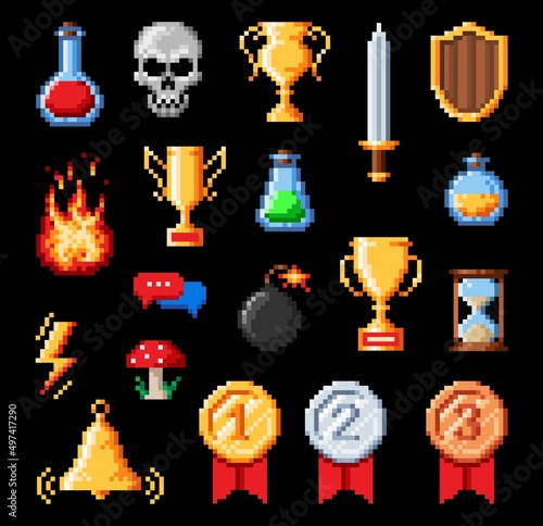 Retro pixel art vector icons of 8 bit game asset. Weapon, prize, medal and fire, timer, poison, skull and bomb icons, sword, trophy, shield, mushroom, potion interface icons or game ui objects