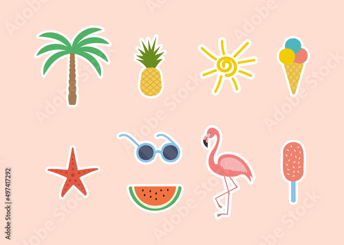 set of stickers concept summer and vacation on the beach. summer flat elements on pink background. cute illustration of tourism in hot countries. vacation and travel stickers