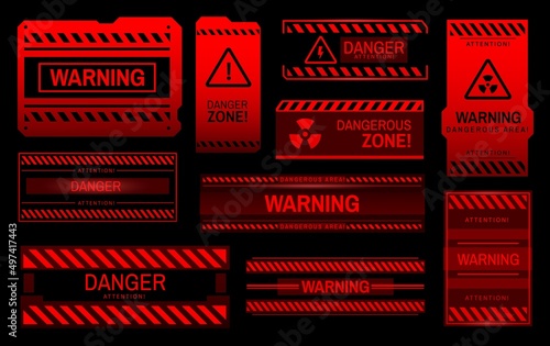 Warning, attention, alert, caution and dangerous zone red signs. Vector danger or hazard sign with red triangle, exclamation mark, high voltage and nuclear radiation caution, isolated background