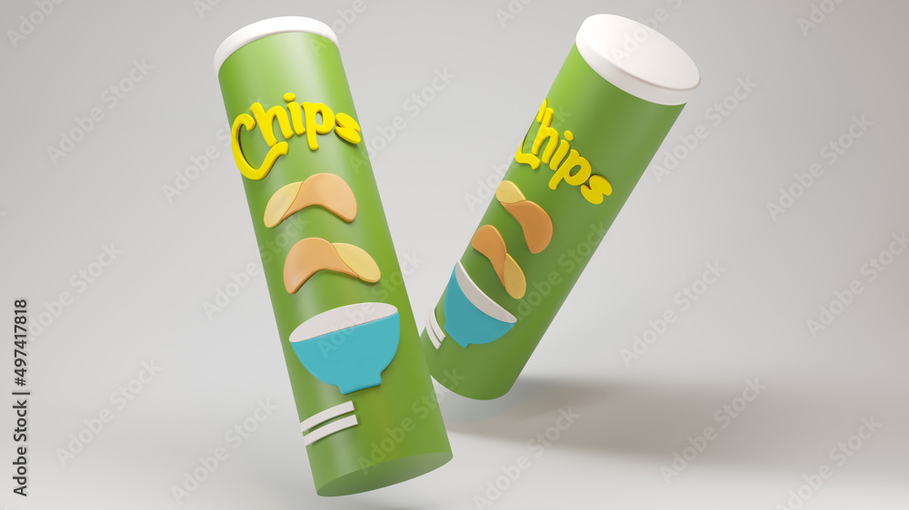 Potato chips packaging falling on white background. 3d Rendering illustration Potato chips packaging falling on white background. 3d Rendering illustration