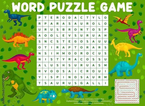Funny cartoon dinosaur reptiles word search puzzle vector game worksheet. Kids quiz grid, dino riddle or maze on background of dinosaur footprints, tyrannosaurus, pterodactyl, stegosaurus, spinosaurus