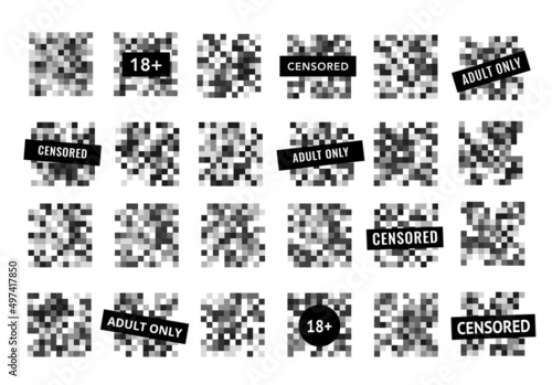 Censor monochrome mosaic pixel blur vector bars. Censorship blurred adult content or nudity with censored, adult only and 18 plus black signs, pixelation effect of monochrome square for photo or video photo